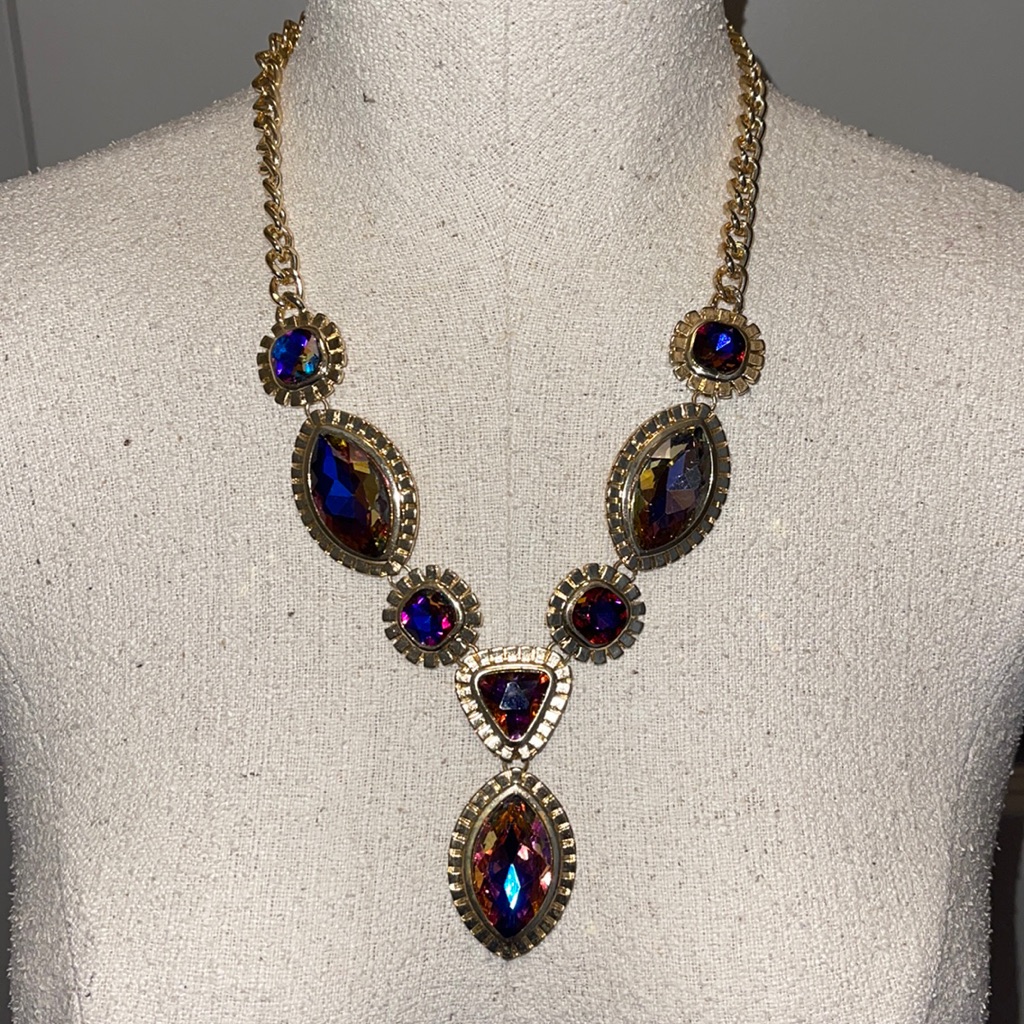 Gold W Iridescent Stone Accent Statement Necklace 14$